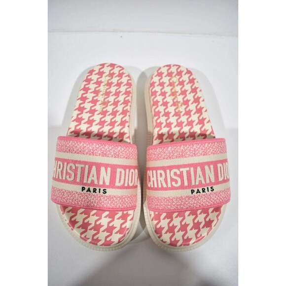 Christian Dior Dway Pink White Logo Houndstooth Slide Mule Flat Flop Sandal 38.5 - Picture 8 of 12